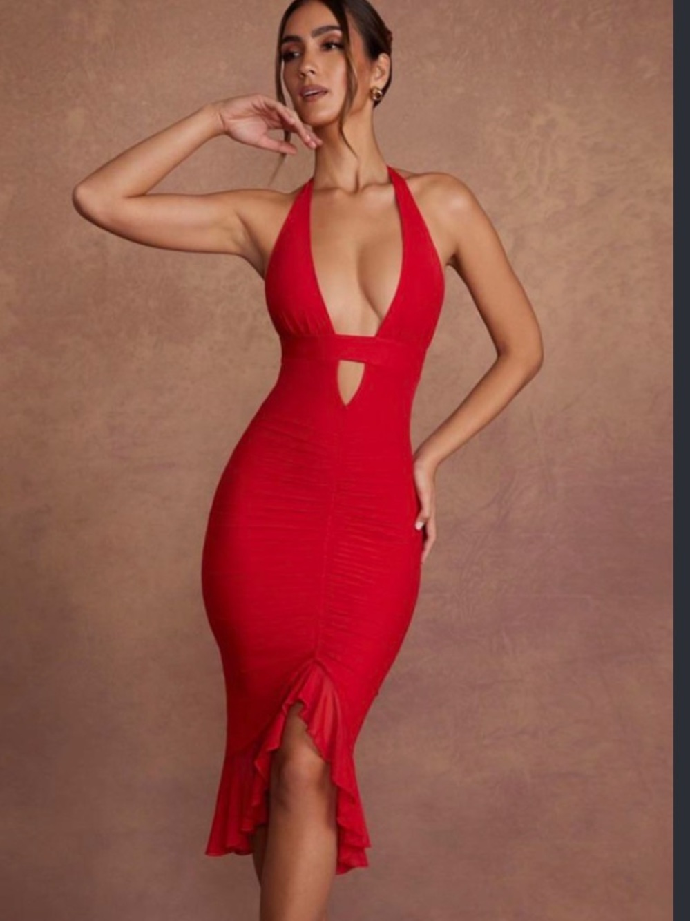 Oh Polly Red One-Shoulder Halter Midi Dress with Front Cutout